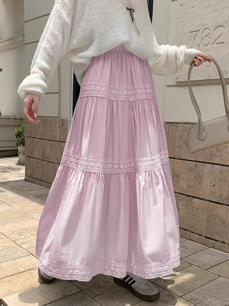 

Многоярусная юбка с кружевной отделкой: струящаяся макси-юбка с высокой талией для женщин, ранняя осень, женская и молодежная юбка трапециевидной формы на бедрах