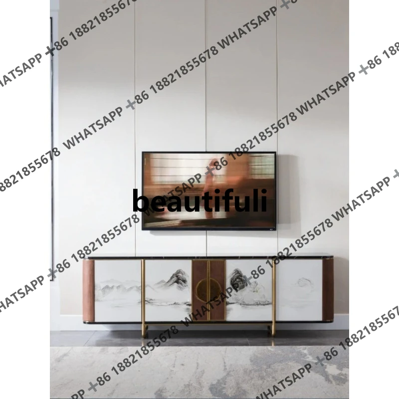 

New Chinese light luxury stainless steel rock panel TV cabinet post-modern simple living room