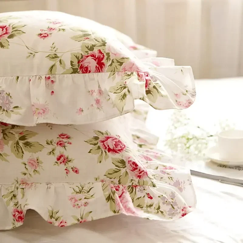 1 piece Pastoral rose pillowcase elegant ruffle pillow cover cotton decorative pillowcases princess bedding pillow case