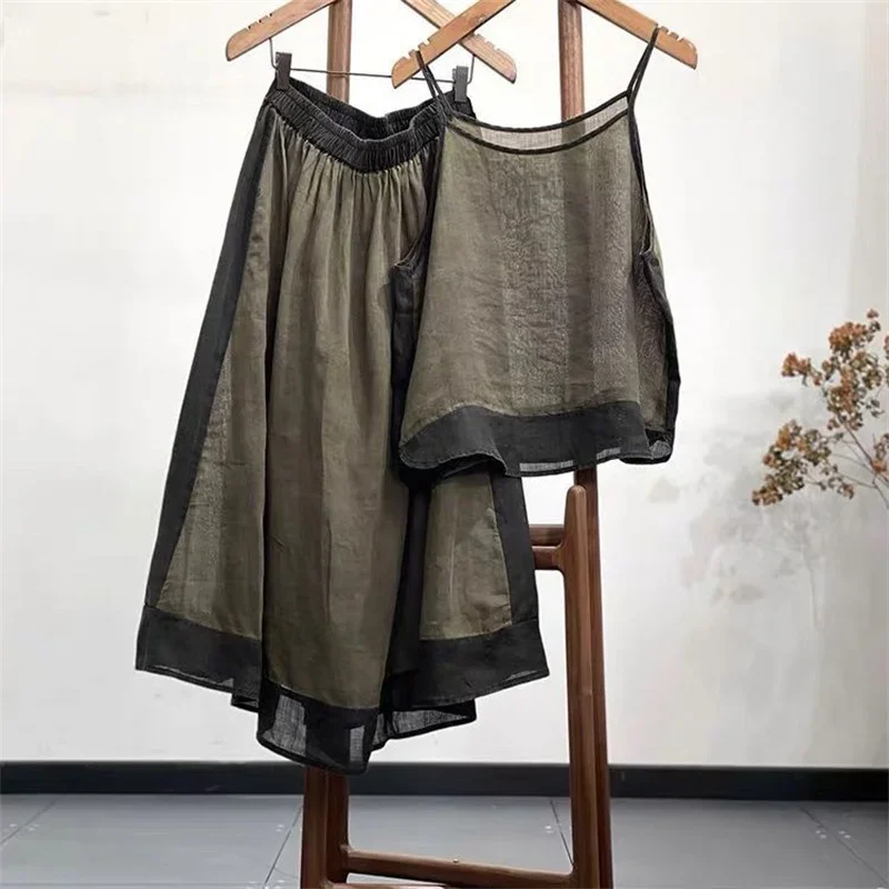 

2025 New Summer Two Piece Sets Womens Outifits Fashion Patchwork Elastic Waist Big Swing A Line Skirt and Tank Top Suit