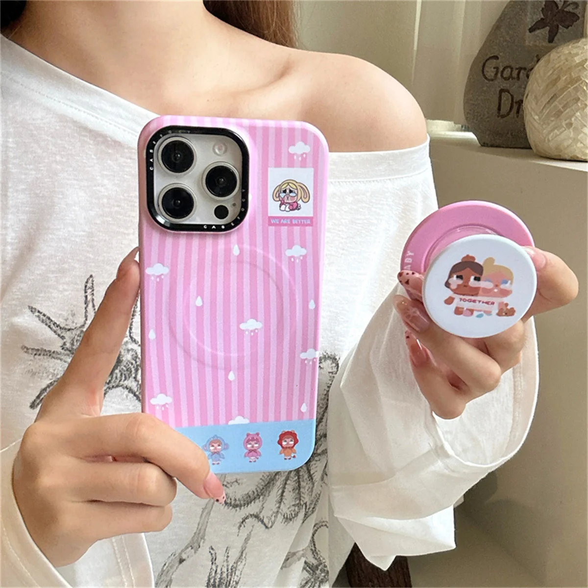 

Fashion Pink Stripes Magnetic Phone Case For iPhone 16 Pro 15 14 Pro Max Back Cover with Stand Holder For Magsafe Cute Cases
