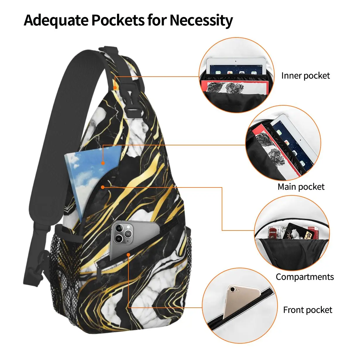 Black Marble Surface Pattern Chest Bag Men Sling Crossbody Backpack Chest Bag Traveling Hiking Daypack Shoulder Bag