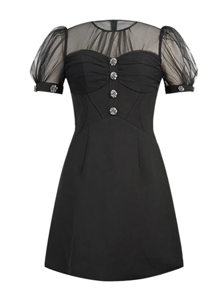 Fashion Elegant Black Short Dress for Women Sexy Chic See Through Mesh Splice Single Breasted Mini Gown Lady Party Daily Vestido