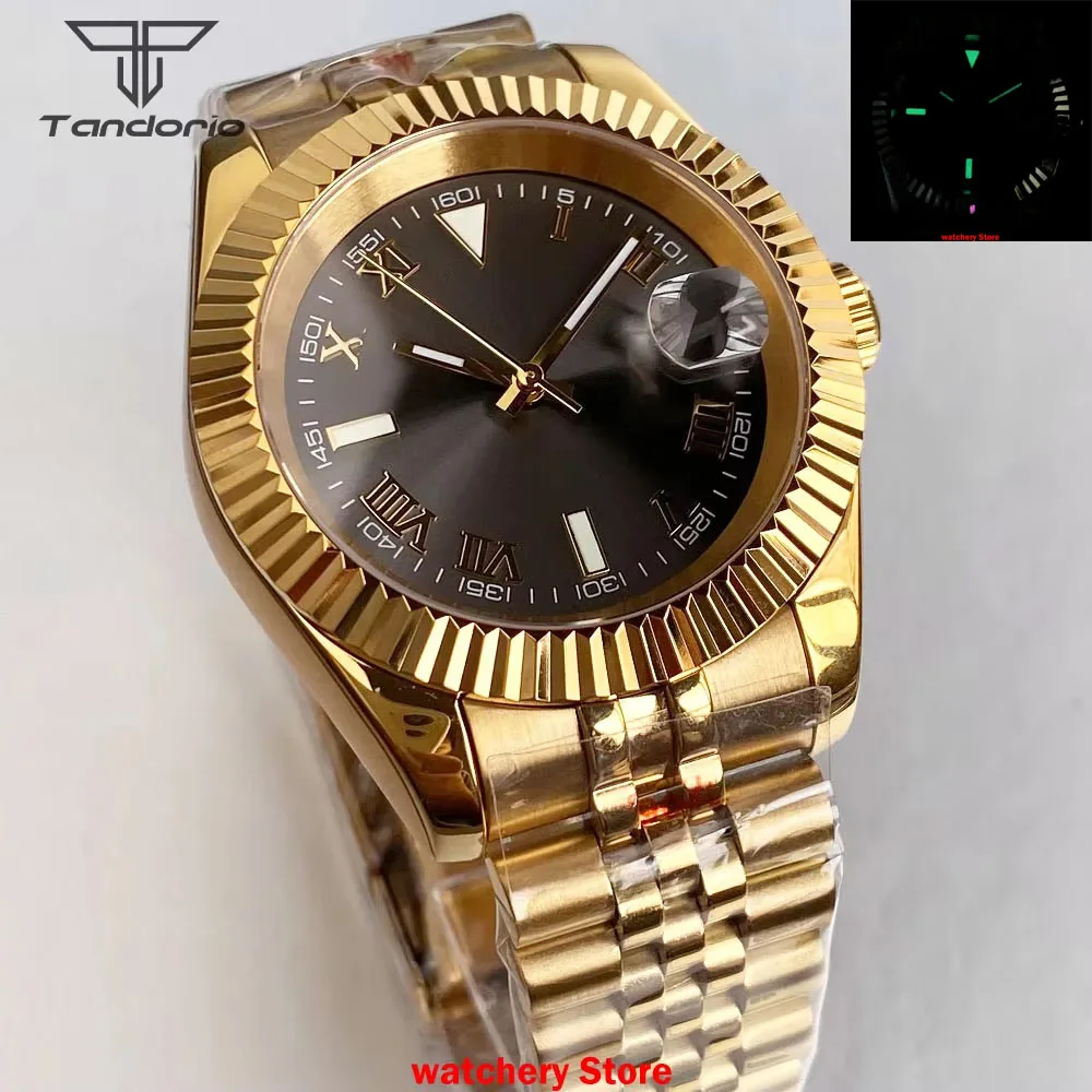 

Полностью золотой Tandorio 36 мм/39 мм автоматические ретро сапфировое стекло 200 м водонепроницаемые римские цифры серый циферблат NH35 механизм мужские часы