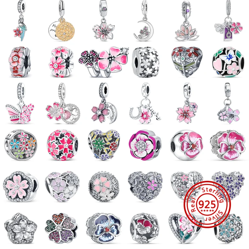 925 Sterling Silver 5 Petal Flowers Style Pink Multi Color Sweet Fashion Beads Fit Original Pandora Charms Bracelet Fine Jewelry