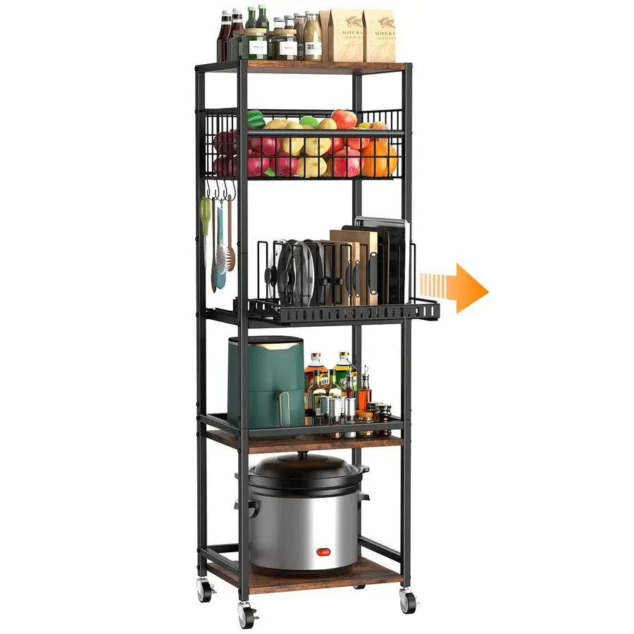 

5 Tier Kitchen Rolling Cart, Storage Cart with Metal Fruit Vegetable Basket and PullOut Pot Lid Cutting Board Organizer, Storage