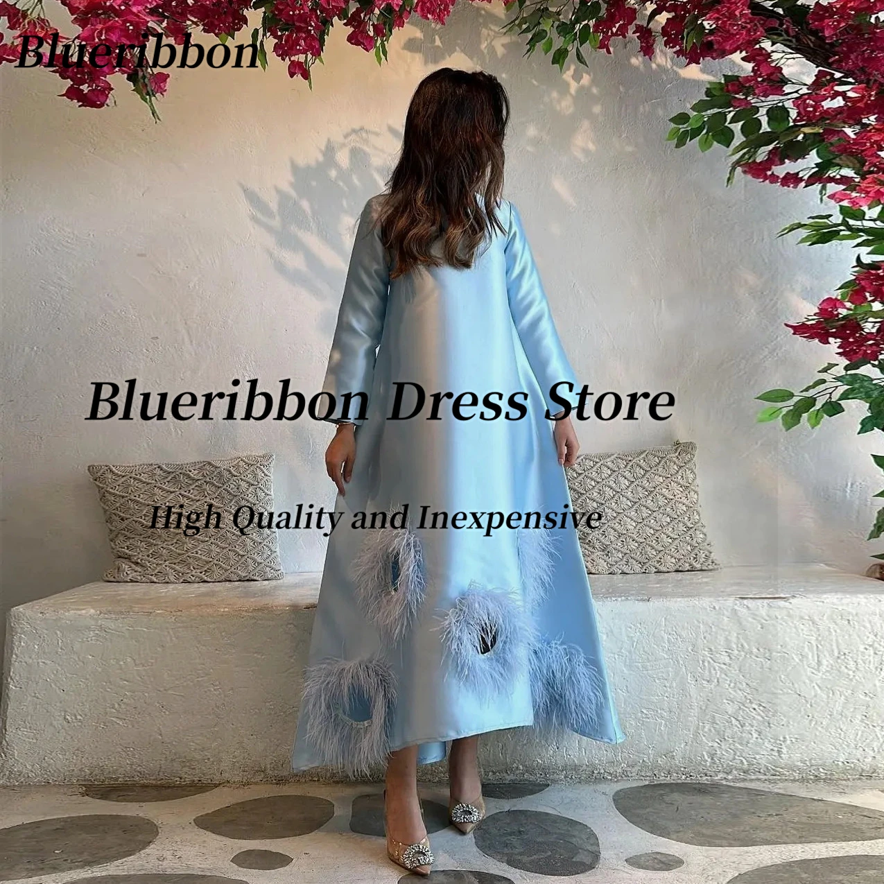 Blueribbon Evening Party Dresses 2024 Long Sleeves Birthday Party Dress Handmade Feathers Luxury Vestidos Prom Wedding Gowns