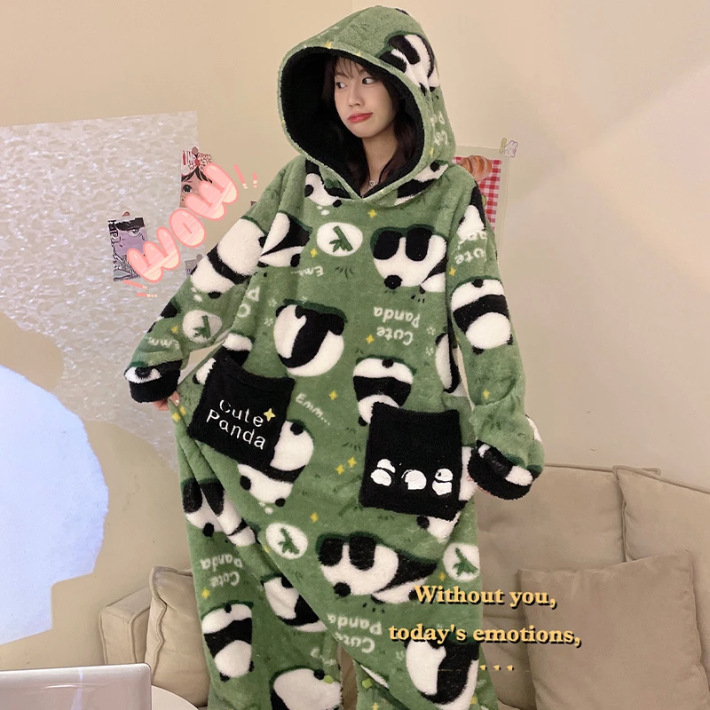 

Winter Thick Women Pajamas Onesie Jumpsuits Panda Print Sleepwear Adult Korean Femme Pijamas Plush Soft Hooded Leisure wear Suit