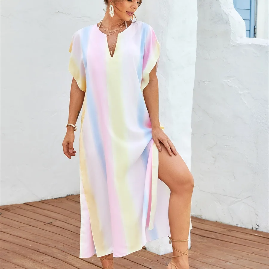 Beach Cover-Up: Rainbow-Colored Long Beach Sun Protection Dress with Side Slits and V-Neck