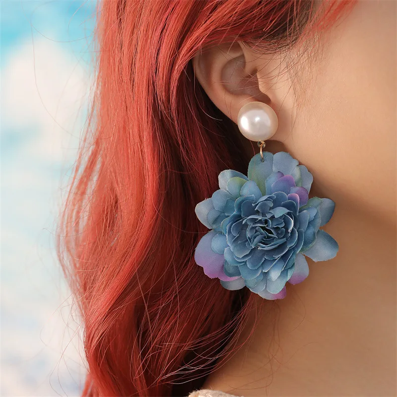 Fashion Fabric Art Flower Piercing Earrings for Women Eardrop Rose Flowers Pearl Drop Earring Summer Beach Ear Stud Jewelry Gift