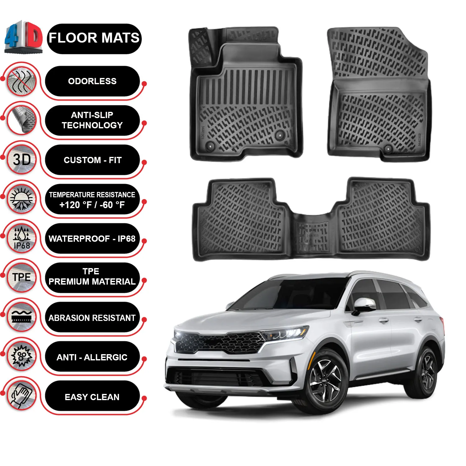 Kia Sorento Hybrid - (2021-2023) Floor Mats Liner Waterproof 3D - (Black)