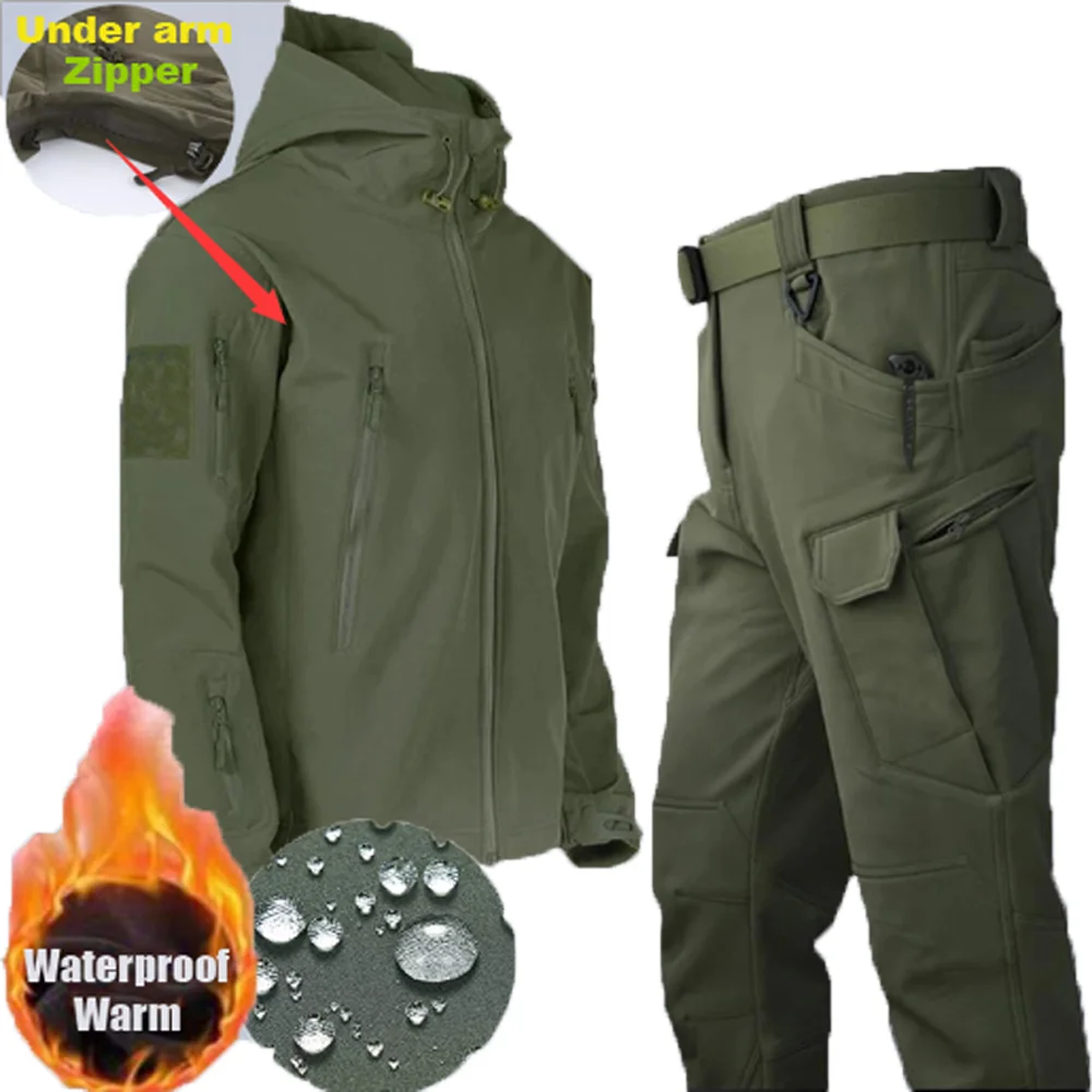 Męskie kurtki, komplety softshell outdoorowe, wodoodporne spodnie kamuflażowe, wojskowe taktyczne kurtki z kapturem i polarową podszewką, zimowe, codzienne. — 2