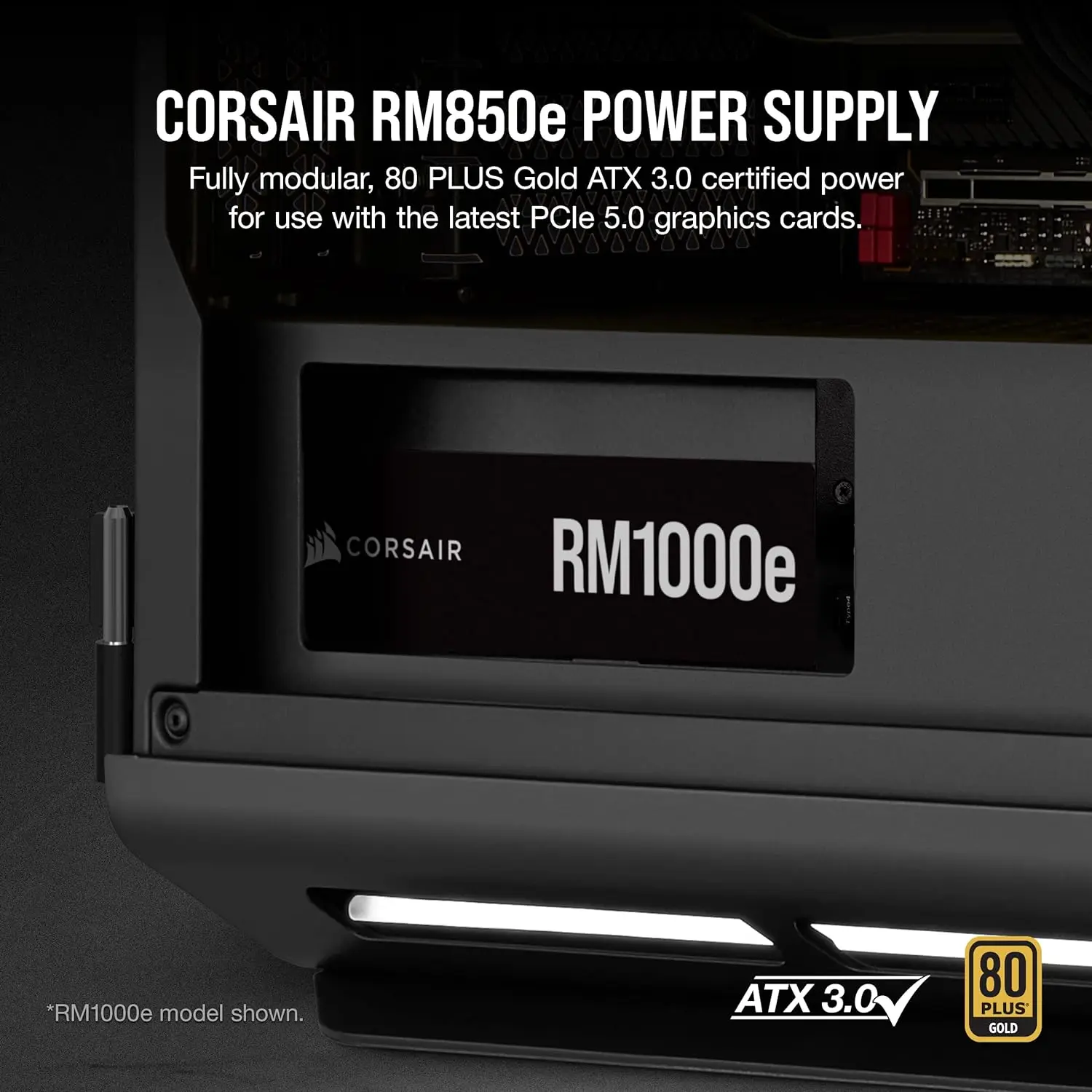 Corsair 완전 모듈식 저소음 전원 공급 장치, ATX 3.0 및 PCIe 5.0 호환, 105 °C 정격 커패시터, 80 플러스 골드 효율, RM850e