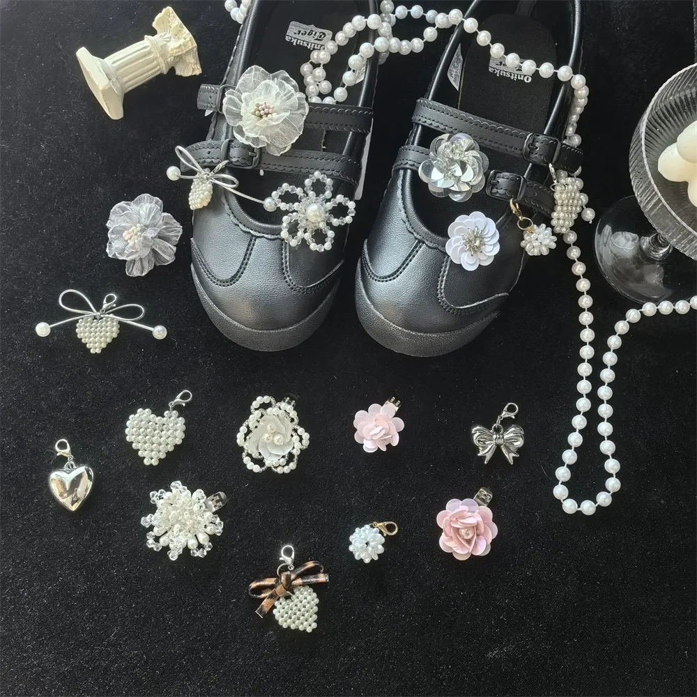Pearl Bow & Heart Shoe Decorations girl shoelace charms for sneakers Detachable Shoe Flower Charms DIY Luxury Shoe Accessories