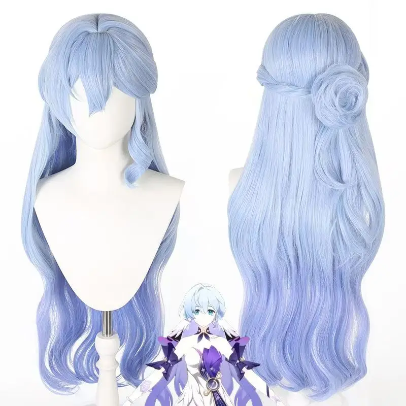 Honkai Star Rail Robin Cosplay Wig Gradient Blue Purple Long Wavy Hair With Rose Bun For Halloween Comic Con Costume Props