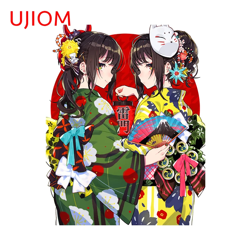 UJIOM 13cm × 10.3cm Chibi Kimono Girls Style Wall Sticker Creative Cupboard Trunk Decals Beautiful Fashion Bathrooom Decoration