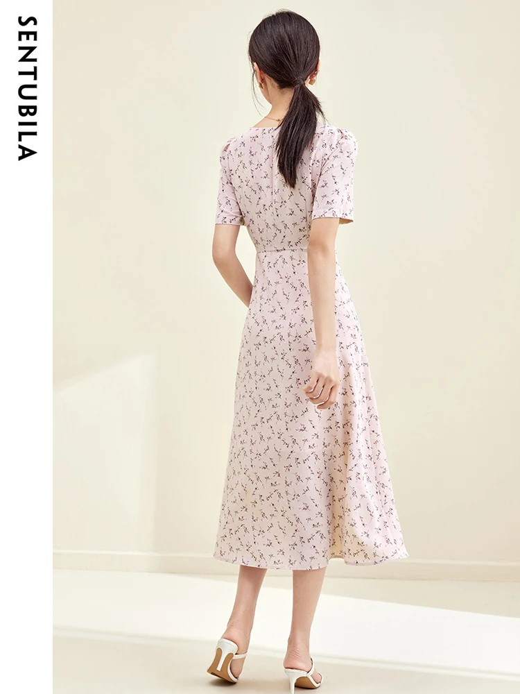 SENTUBILA Romantic Floral Printed Dress Women 2024 Summer New Elegant V-Neck Slim Fit Midi Split Dresses for Woman 132L50044