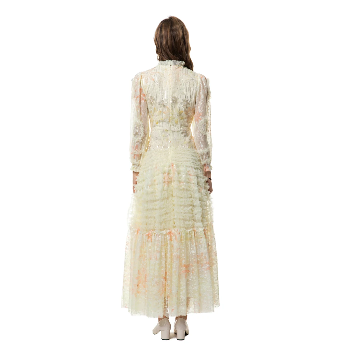 Vestidos femininos o pescoço mangas compridas impresso babados em camadas elegante designer de moda maxi vestidos