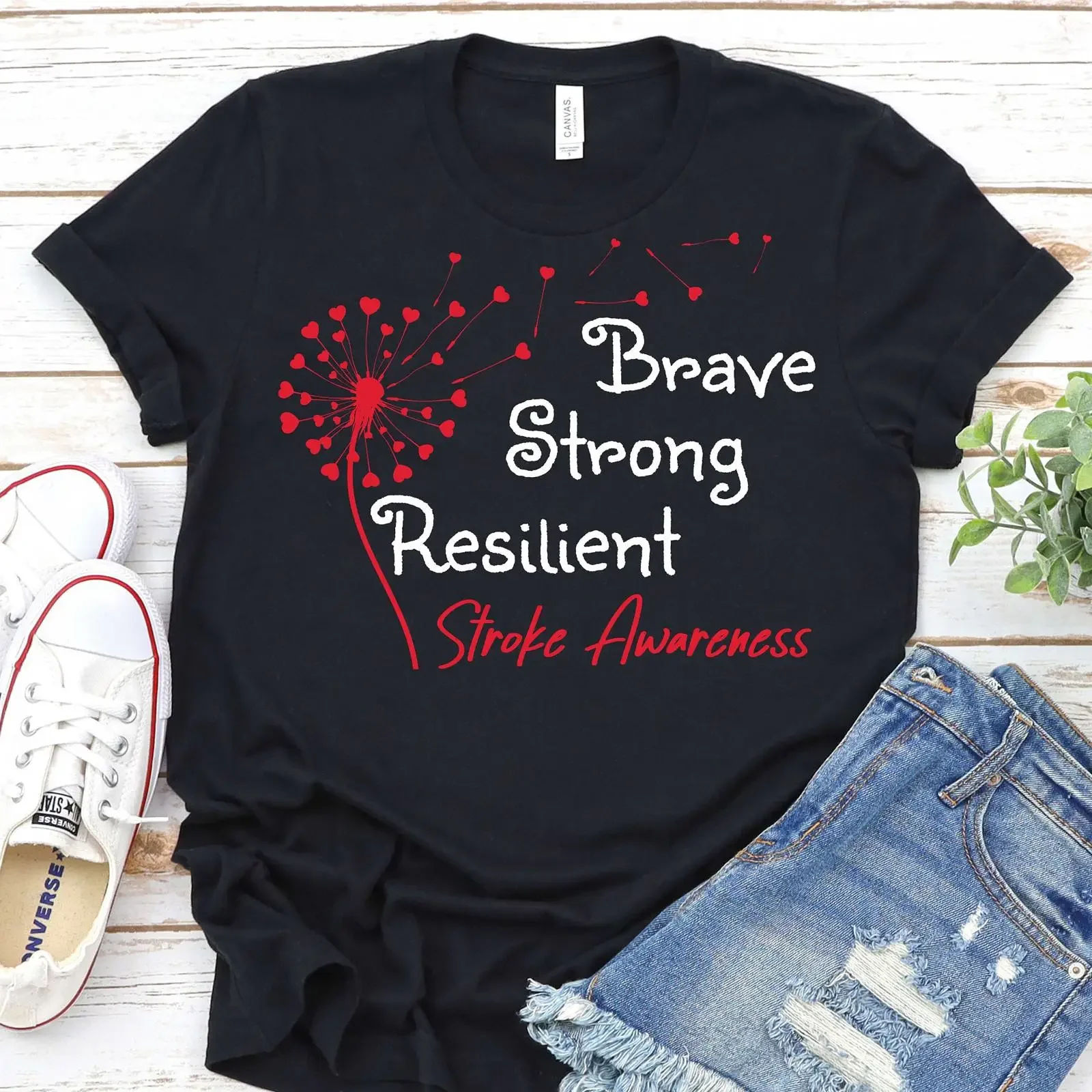 Brave Strong Resilient Dandelion Red Heart Stroke Awareness T Shirt Survivor Fighter Support Casual vintage Washed fashion