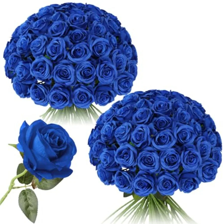 

50 Pcs Blue Roses Artificial Flowers Bulk, Realistic Long Stem Fake Silk Roses for Wedding Centerpiece Table Vases Party Home K
