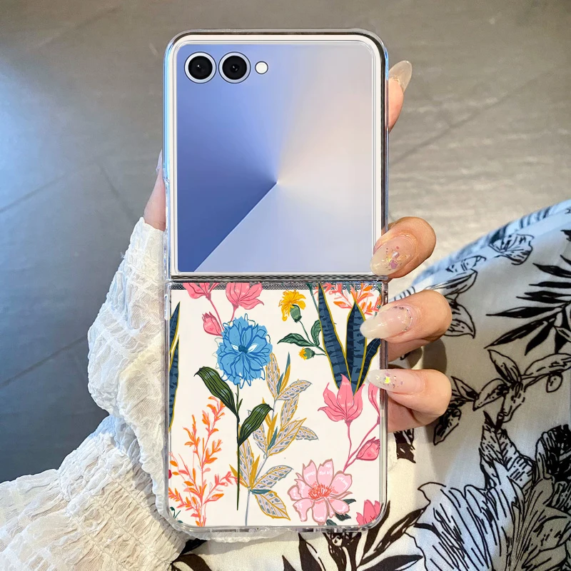 Clear Folding Phone Case For Samsung Galaxy Z Flip 7 FE 6 5 4 3 Flip7 Flip6 Flip5 Flip4 5G Colorful Flower Printed Hard PC Cover