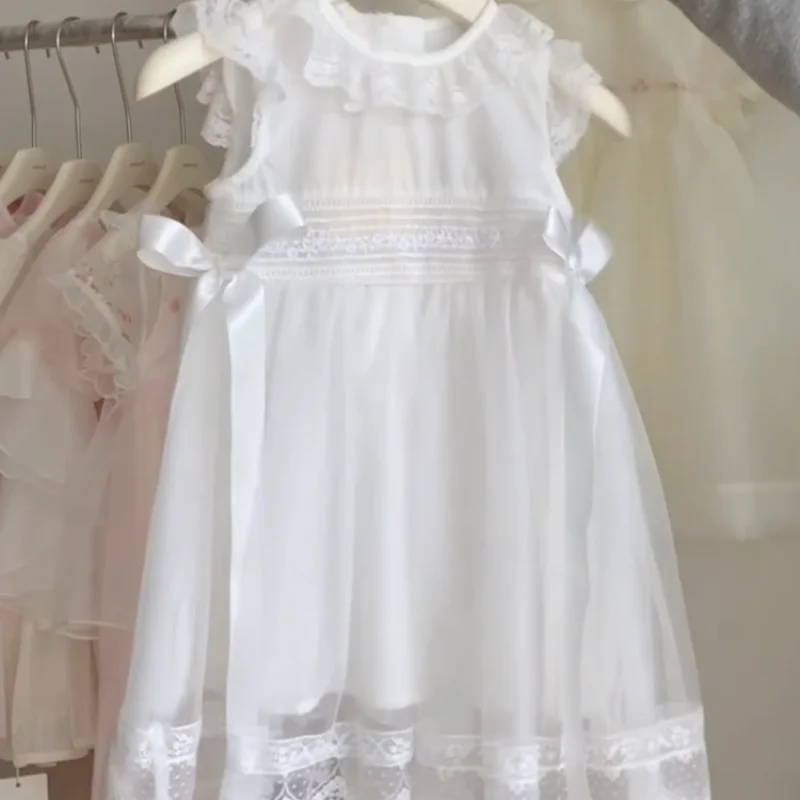 Summer Handmade Embroidery Children's Clothing Girls' Dress Sweet Children's White Lace Mesh Princess Dress Up EID Dress