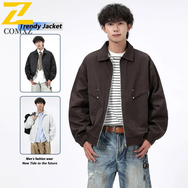 

COMXZ Men's New Spring Autumn Large Size Turn down Collar Embroidered Workwear Solid Color Warm Trendy Hong Kong Style Jacket