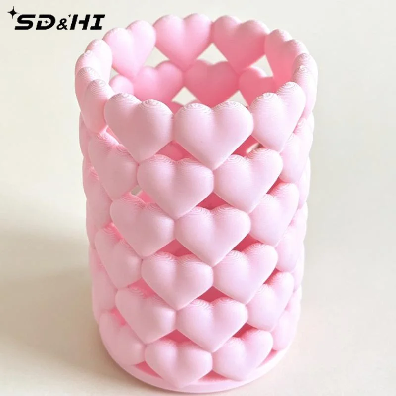 Pink Plastic Pen Holder Cute Hollow Heart Pattern Large Capacity Perfect For Office Desk School Study Storage