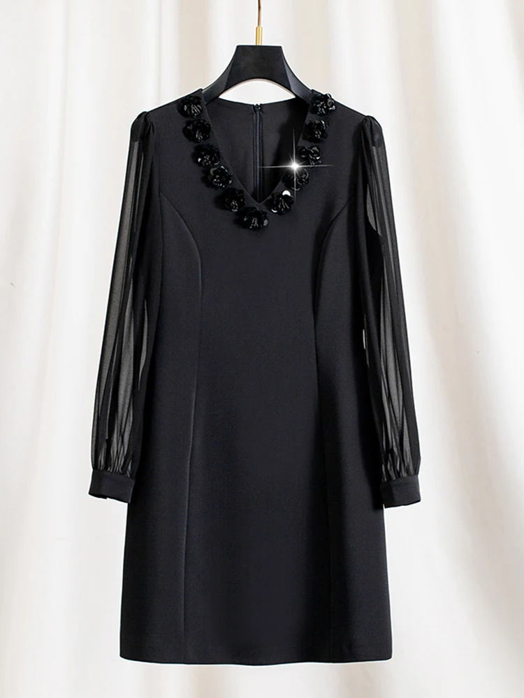 ZJYT Nowa moda Damskie sukienki wiosenne z długim rękawem Frezowanie V Szyja Biały Czarny Casual Krótka sukienka imprezowa Odzież damska Vestidos