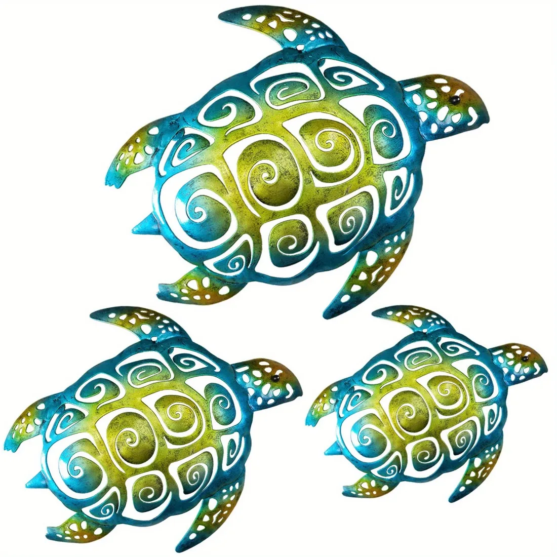 CIFBUY 3Pcs Set Iron Sea Turtle Beach Themed Wall Hanging Sculpture,2D Flat Print Rustic Coastal Wall Art for Bathroom view 5