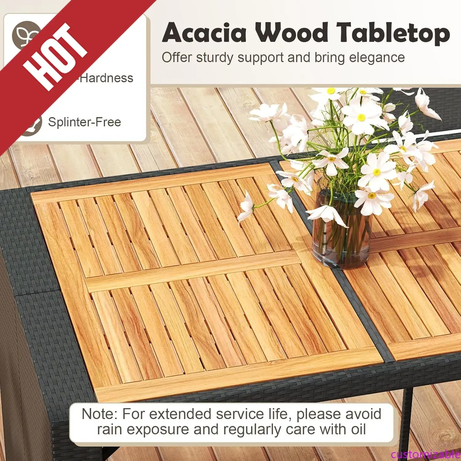 

Customizable 7-Piece Outdoor Bar Set - Wicker Rattan Bar Height Dining Table W/Acacia Wood Top, Outside Patio Bistro Set For Bac