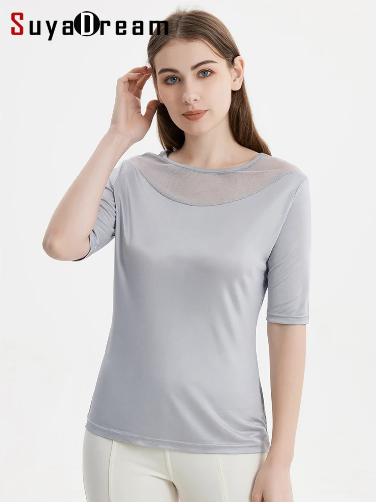 SuyaDream, Women Solid T Shirt, Knitted Real Silk, Mesh Slash Neck 1/2 Sleeves Summer Tee 2024 New Tops, Silver Pink White