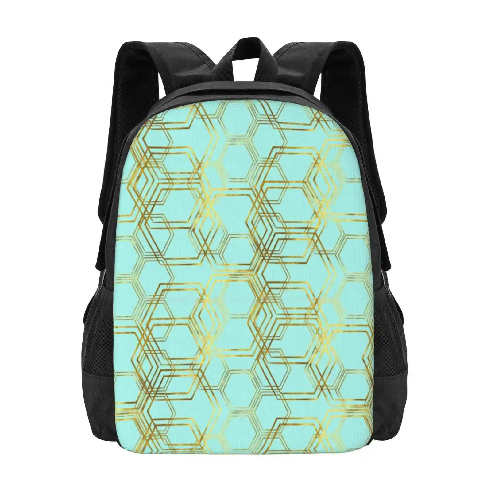 Hexagold School Bags For Teenage Girls Laptop Travel Bags Hexagon Geometric Gold Glitter Sparkly Sparkle Aqua Turquoise Blue