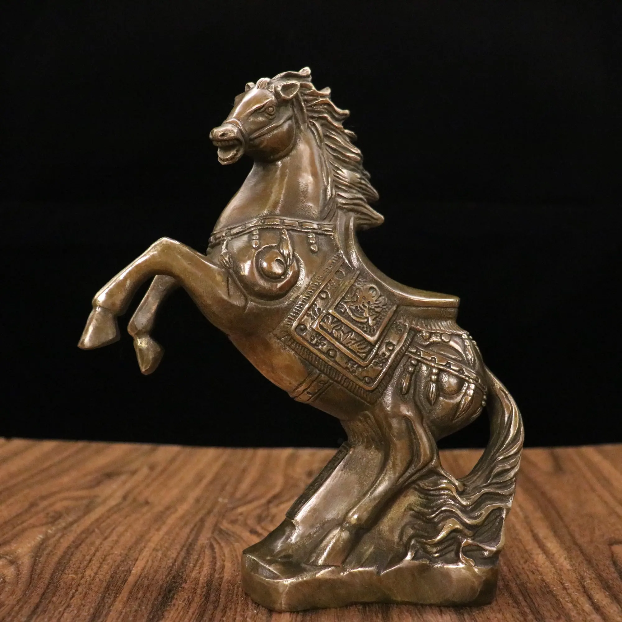 

8"Tibetan Temple Collection Old Brass galloping Horse Statue Lucky Horse horse to success Gather fortune ornament