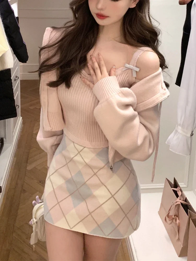 Knitted Korean Sweet Skirts Suit Women Casual Cute Two Piece Set Winter 2024 Long Sleeve Coat + Y2k Pink Vest + Party Mini Skirt