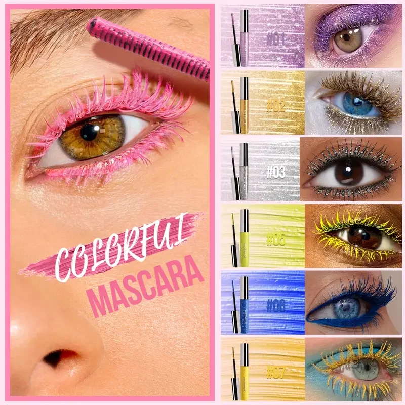 Mascara imperméable à séchage rapide, couleur vibrante, volumateur, maquillage de cils recourbé avec tenue longue durée, baguette à paillettes une pièce pour fête