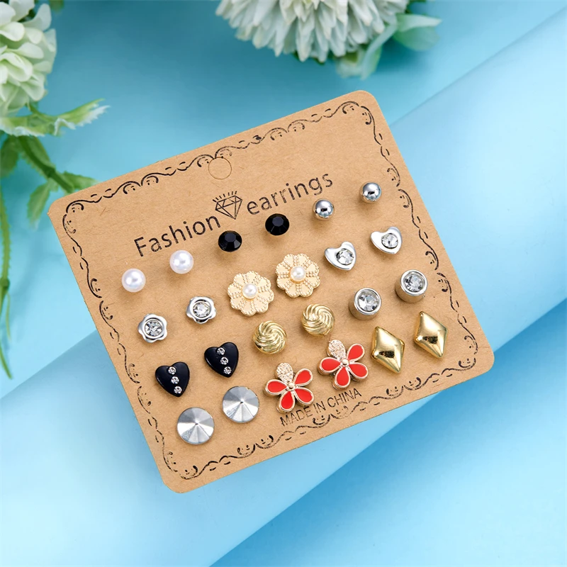 12 Pairs/Set Rose Moon Star Heart Stud Earrings for Women Trendy Colorful Butterfly Dog Geometry Jewelry Pierced Gifts
