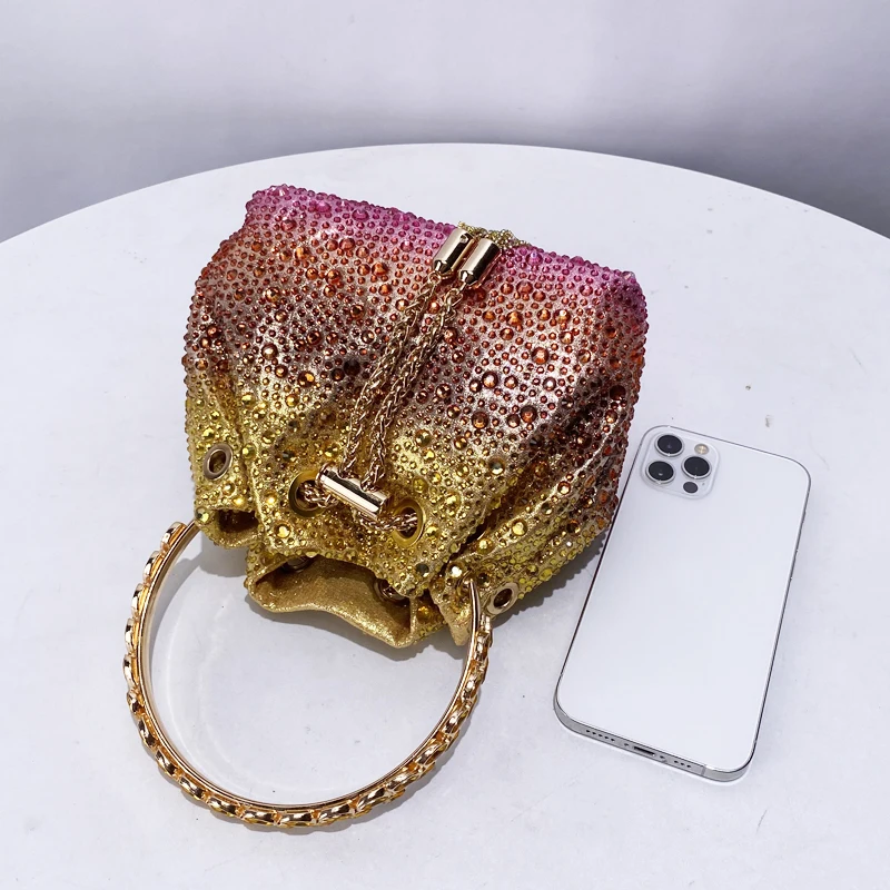 Mini Bucket Evening Bags For Women Luxury Designer Handbag Purse 2024 New In Shiny Imitation Diamond Tassel Chain Strap Shoulder