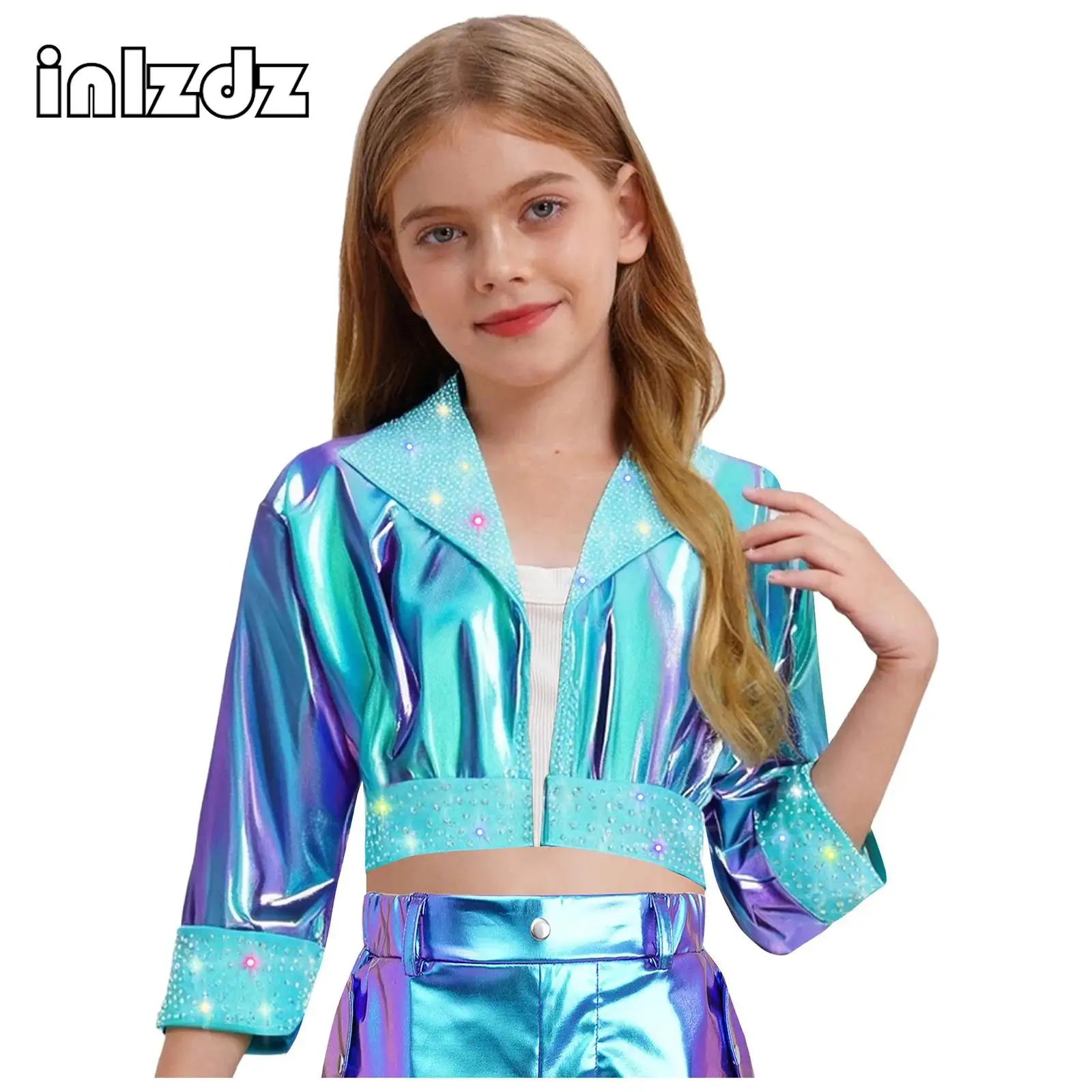 

Kids Girls Jazz Dance Top Outerwear Stage Performance Costume Long Sleeve Rhinestones Metallic Jacket Daily Hip Hop Dancewear
