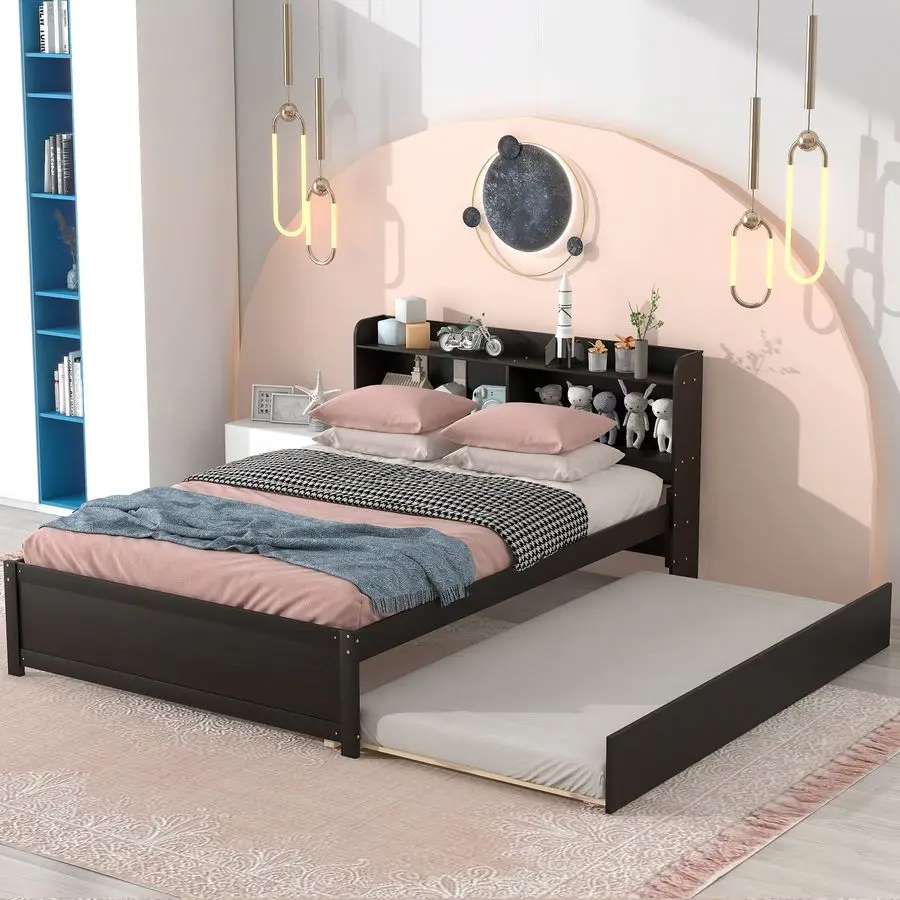 Harper Bright Designs Full Size Bed Frame with Bookcase Headboard, Wooden Full Size Platform Bed with Trundle and Storage for K