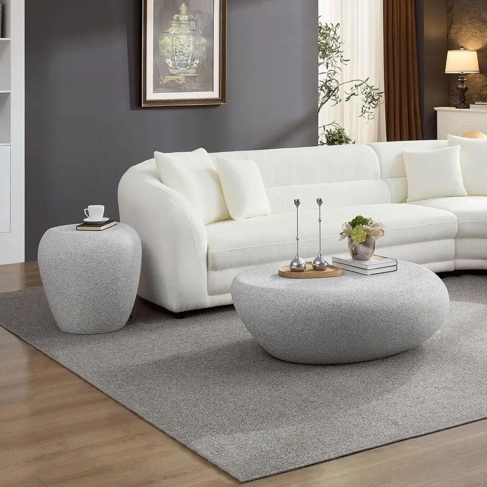 

2-Piece Oval Stone Coffee and Side Table Set, Living Room Office, Ready to Use, Beige