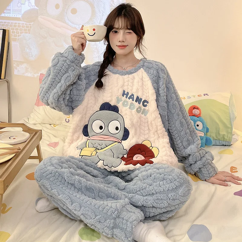 

Anime Hangyodon Cartoon Pajamas Set Female Sanrio Winter Cute Women Kuromi Warm Homewear Round Neck Sweet Girls Lounge Clothes