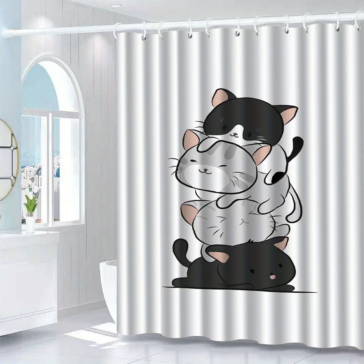 Kawaii Stacked Cats Shower Curtain,Simple Cute Kitten Design, Waterproof Cloth For Gentle Lovely‑look Household Bath Decor Piece
