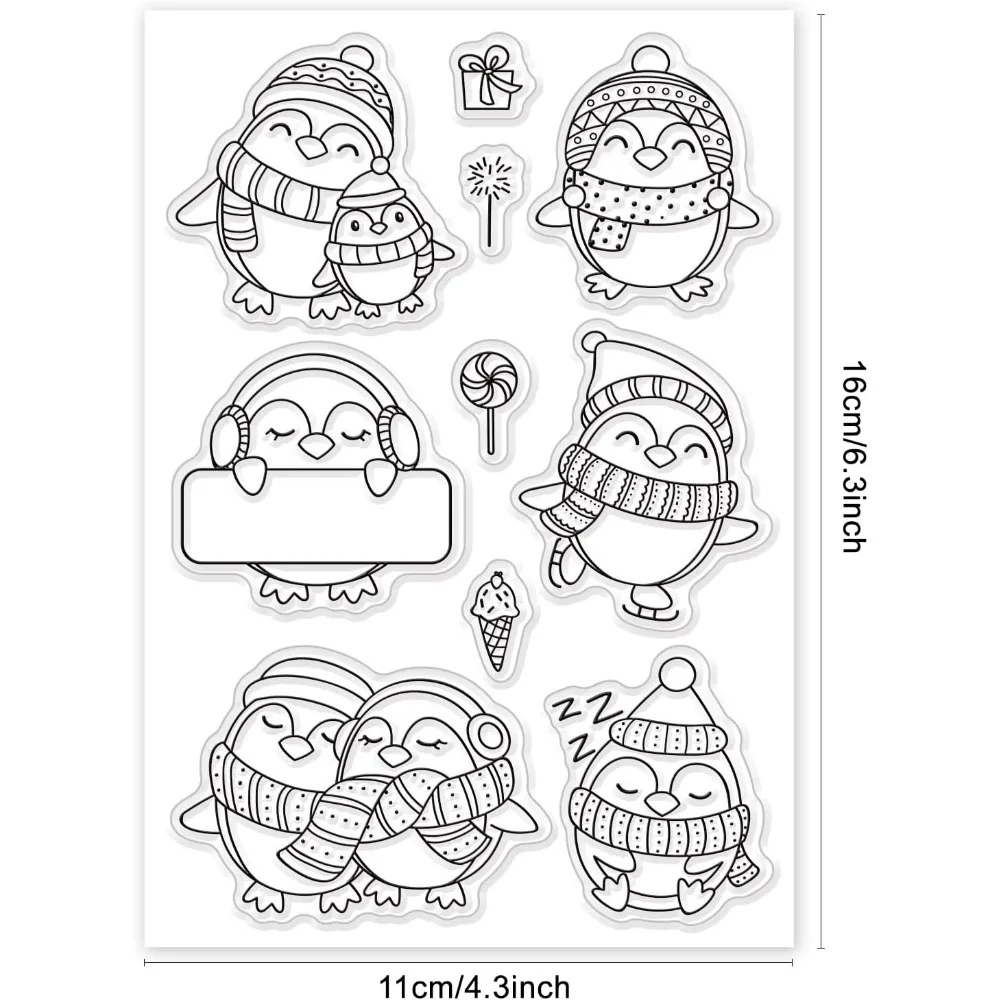 Winter Themed Clear Stamps, Penguin Lollipop Ice Cream Gift Pattern Rubber Stamps for Paper Card Photo Album Crafting Supplies