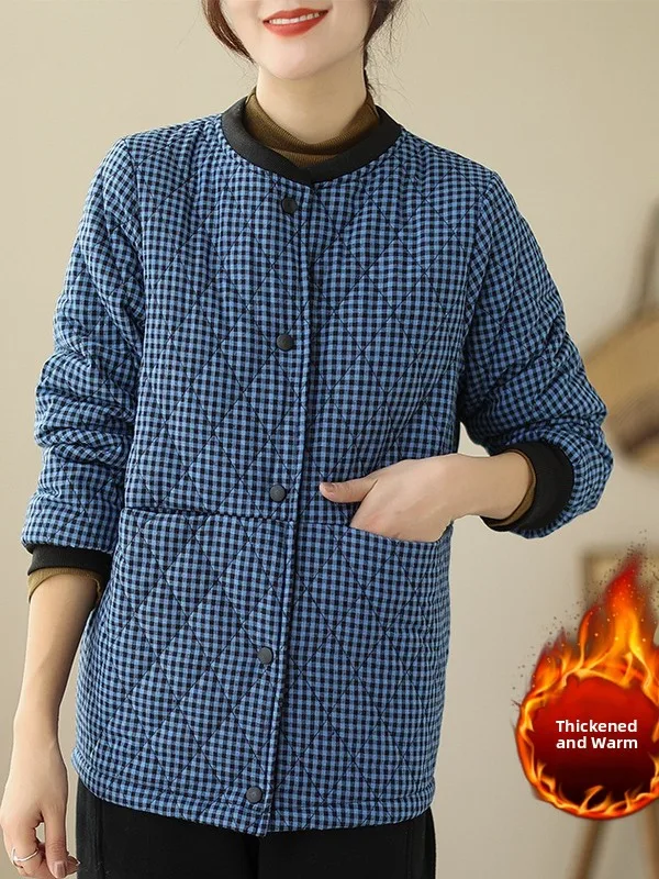 الرجعية منقوشة القطن Jaet المرأة الشتاء خفيفة الوزن فضفاضة التخسيس البيسبول طوق معطف القطن الدافئ طويل Sve زر حتى