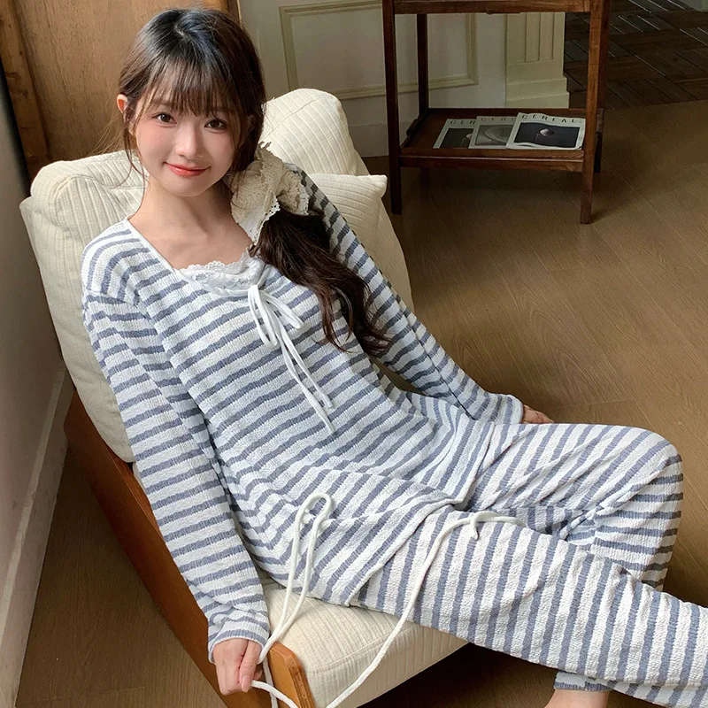 Pijamas Mujer Fashion Striped Pajamas Set Lounge Home Wear Clothes Spring Autumn Women's Pajamas With Pants Suit Sleepwear Woman