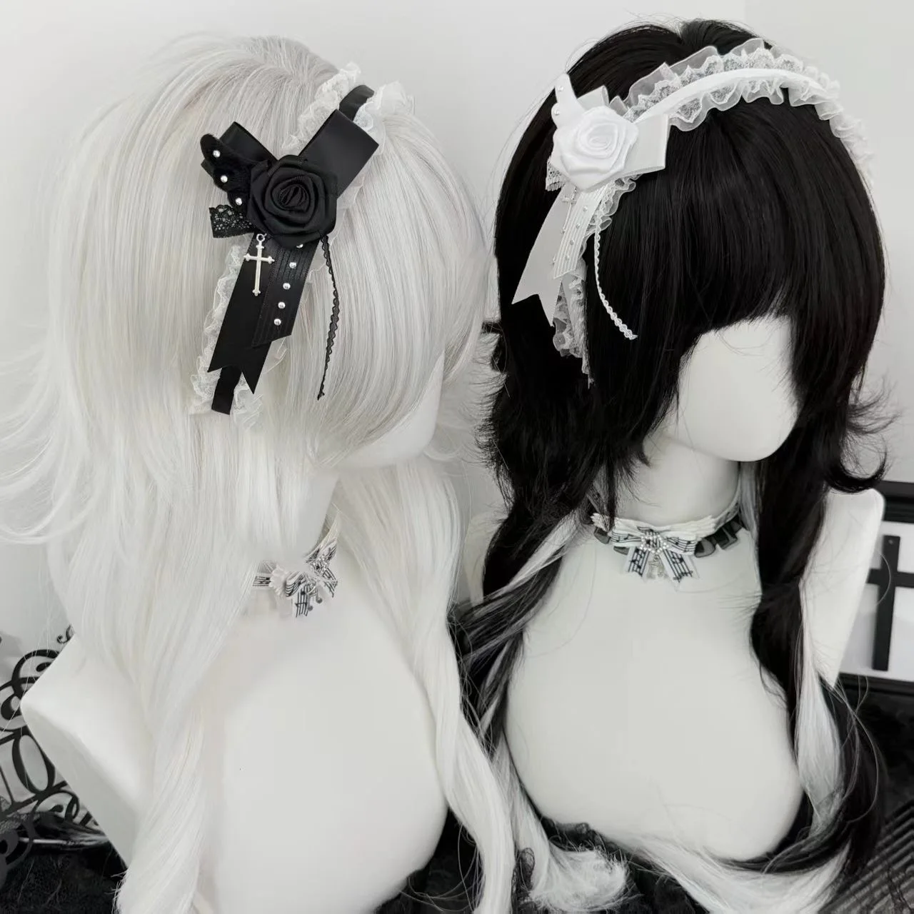 Original Gothic Series Cross Rose Lace Angel Wing Element Design Headband Lolita Dark Subculture Hairband for Halloween Cosplay