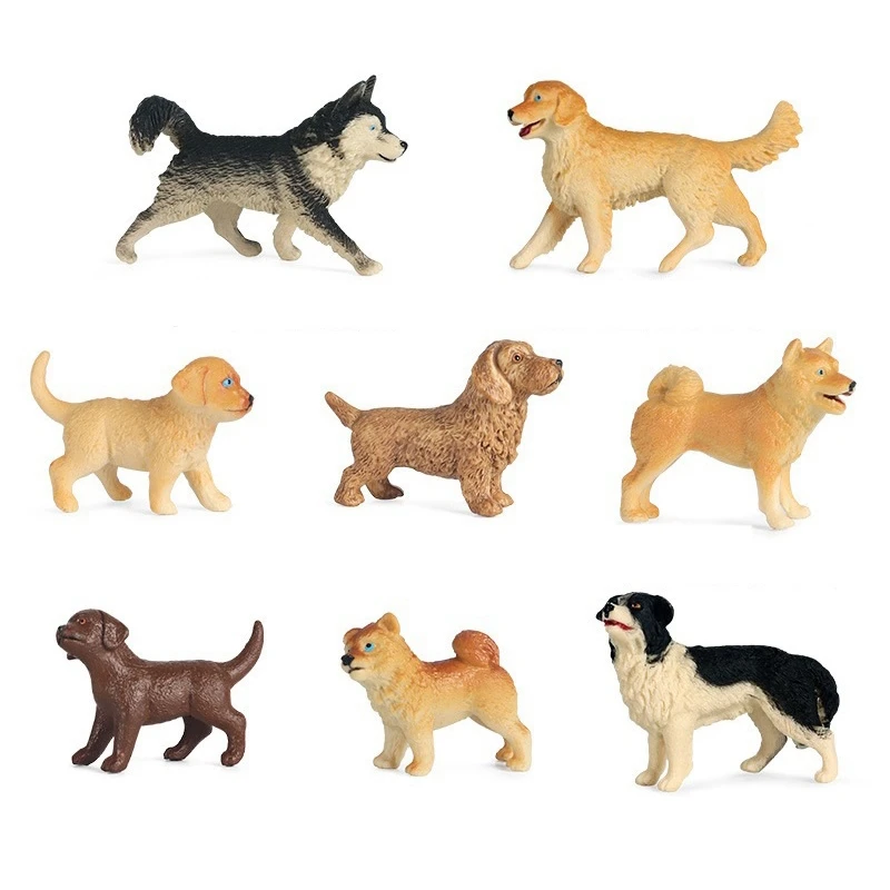 リアルな詳細なプラスチック犬の置物のおもちゃセット、動物のプレイセット、子供の幼児のための学校のプロジェクト、8個