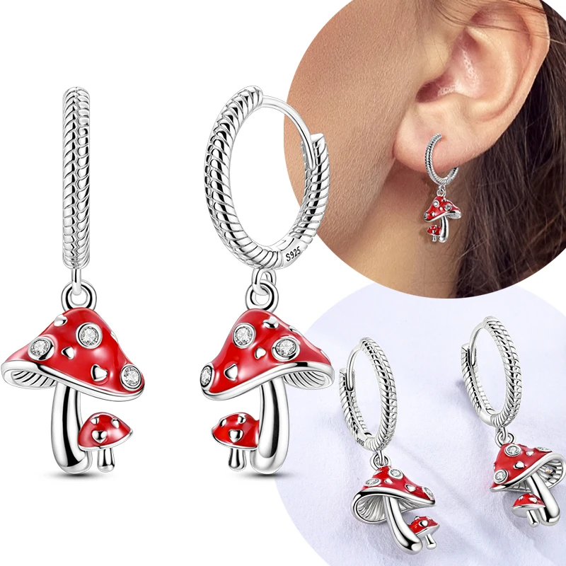 Pendientes de aro con colgante de seta roja y circonita de Plata de Ley 925 originales para mujer, regalo de joyería de estilo bosque