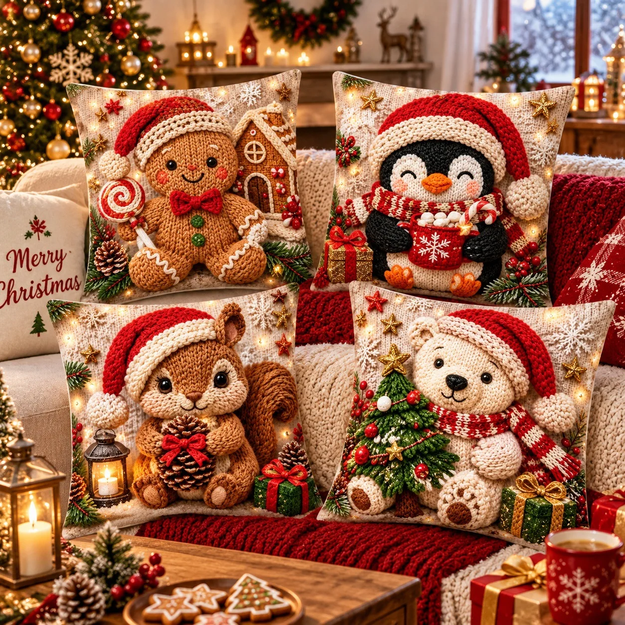 2D Flat Printing Imitation Knit Christmas Throw Pillow Covers Gingerbread Penguin Bear Cushion Cases Farmhouse Xmas Sofa Decor